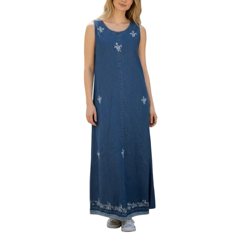Vintage Embroidered Denim Dress Floral Sleeveless Button Side Blue Womens Small - Picture 1 of 11